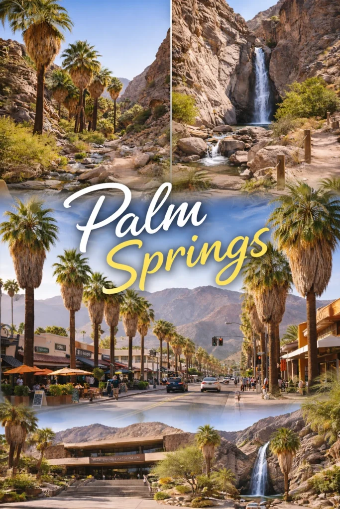 Palm Springs California featured composite image showing Indian Canyons, Tahquitz Canyon waterfall, Palm Canyon Drive, and the Palm Springs Art Museum