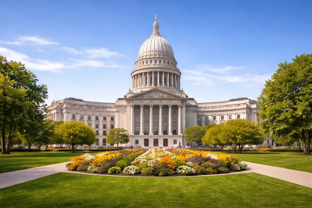 Wisconsin State Capitol in Madison with white granite dome and Capitol Square – top 5 places to visit in Madison