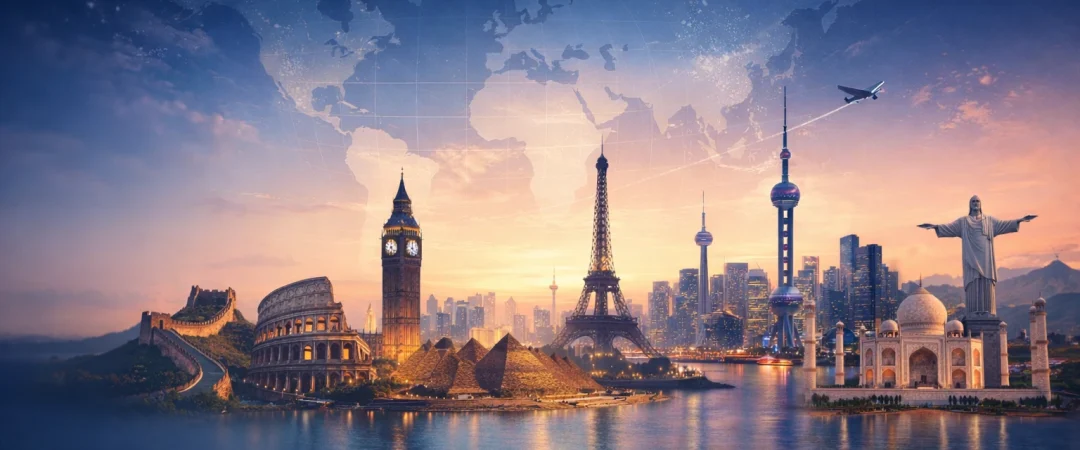 Global city travel guide header featuring iconic skylines and world landmarks